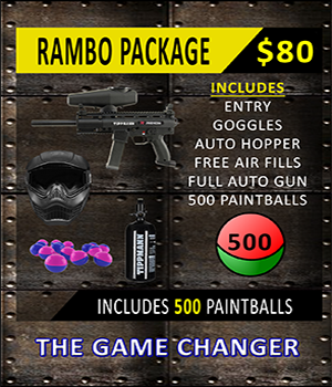 Rambo paintball package for $80 includes entry, goggles, auto hopper, free air fills, full auto gun, and 500 paintballs