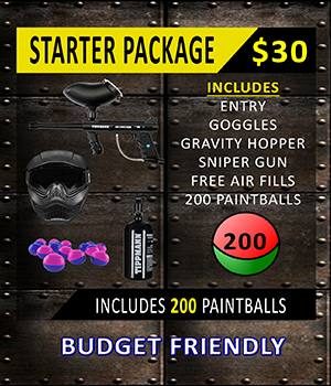 Starter paintball package for $30 includes entry, goggles, gravity hopper, sniper gun, free air fills, and 200 paintballs