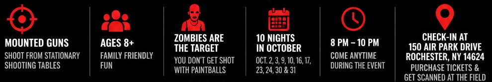 mounted guns, ages 8 plus, zombies are the target, 10 nights in October, 8 PM to 10 PM, check-in at 150 Air Park Drive