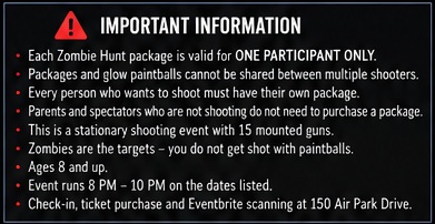 Important Zombie Hunt participant, package, safety, age, time and check-in information