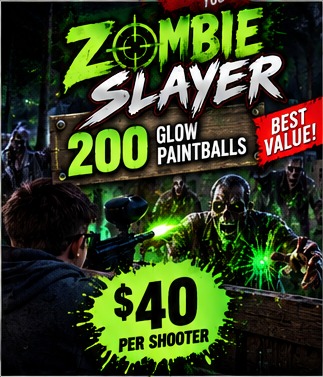 Zombie Slayer - $40 per shooter - 200 glow paintballs - best value